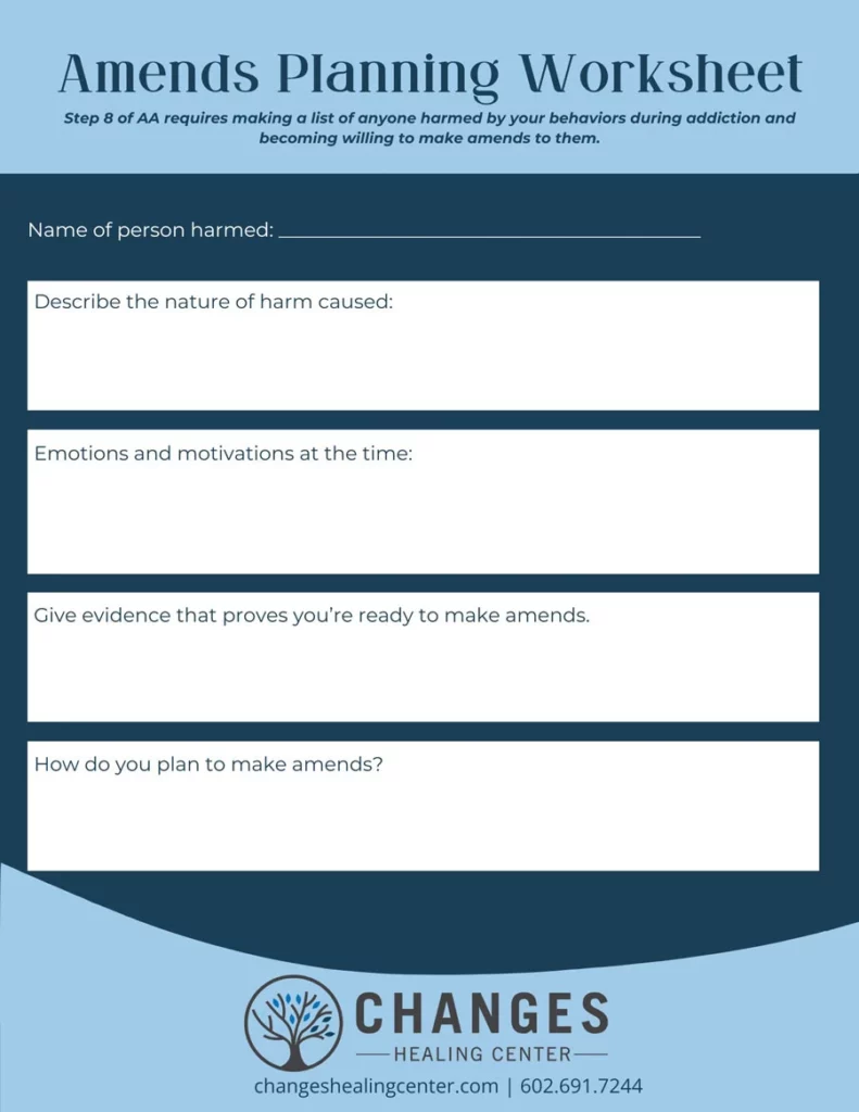 AA Step 8 - Amends Planning Worksheet - Changes Healing