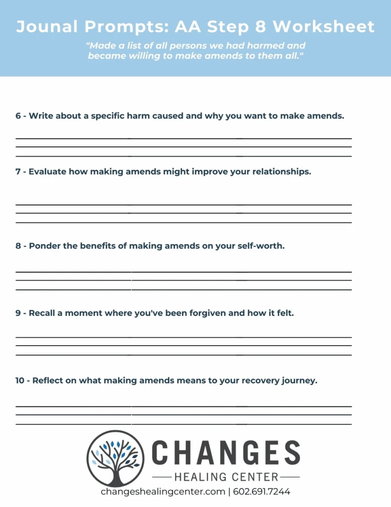 Journal Prompts 2 - AA Step 8 - Changes Healing Center