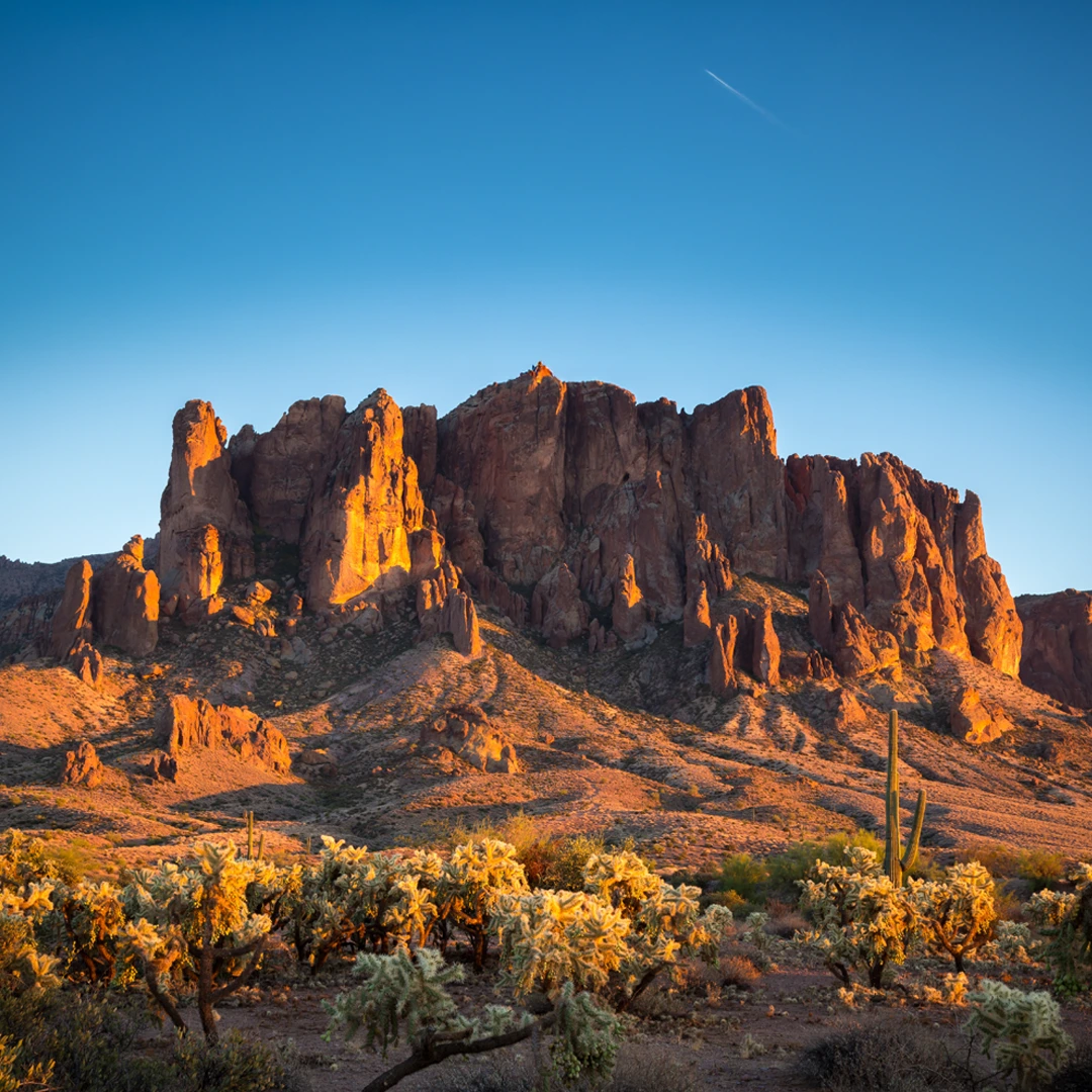 Sunlit Superstition Mountains near Mesa, AZ with saguaros and cholla under a clear blue sky—a calm, grounding desert view.