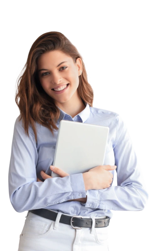 Smiling young woman with a tablet, representing admissions support for Intensive Outpatient Rehab in Arizona (IOP).
