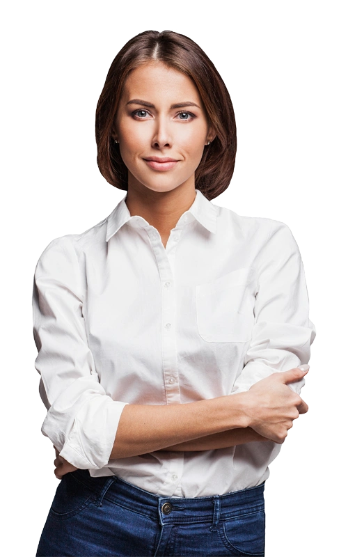 Woman in a white blouse standing confidently with arms crossed, symbolizing strength and emotional resilience after trauma recovery.